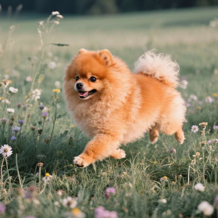 Fluffy Pomeranian running through a sunny wildflower meadow.