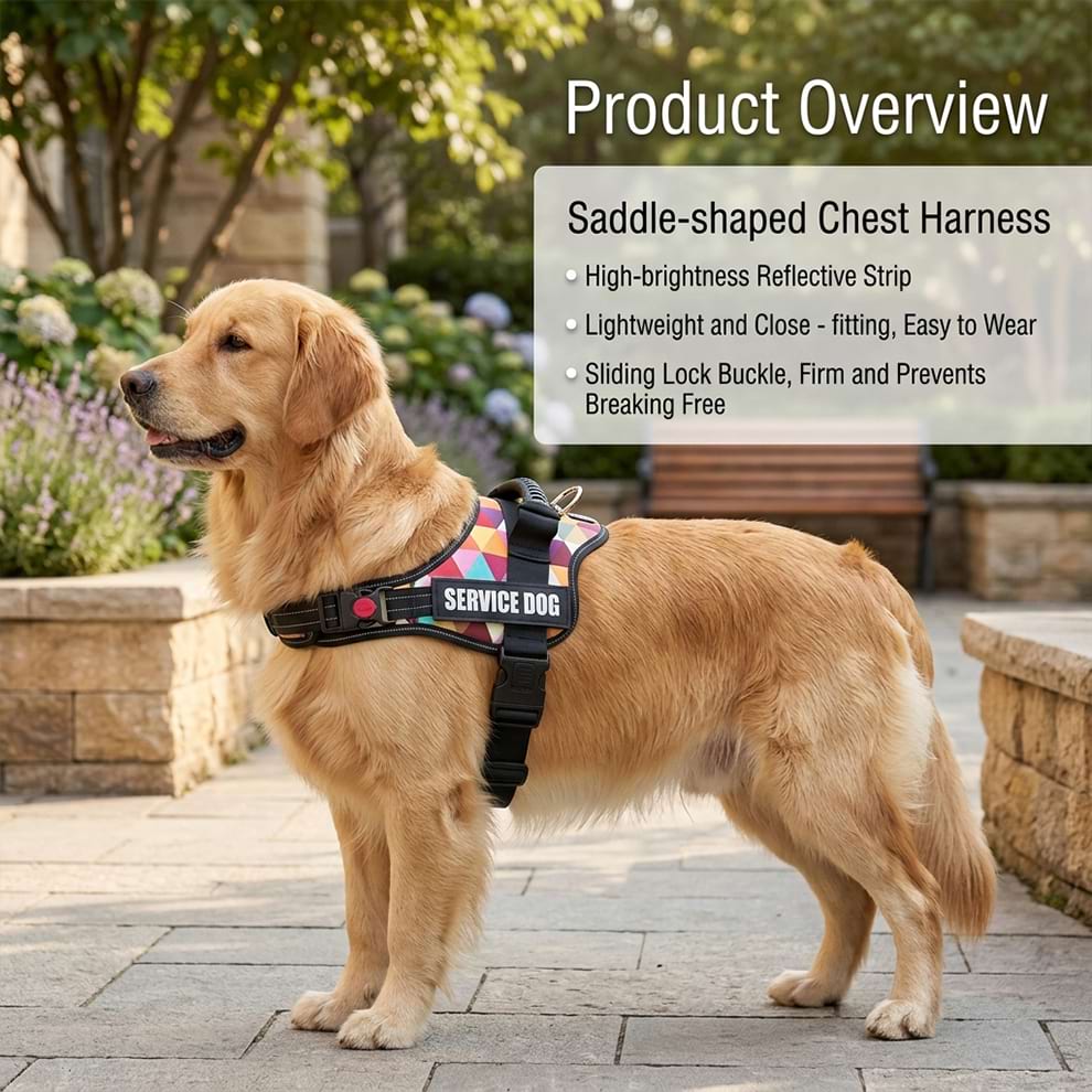 Saddle-shaped chest harness on a Golden Retriever, featuring a SERVICE DOG patch and a sliding lock buckle that prevents breaking free.