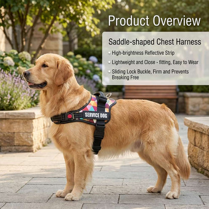 Saddle-shaped chest harness on a Golden Retriever, featuring a SERVICE DOG patch and a sliding lock buckle that prevents breaking free.