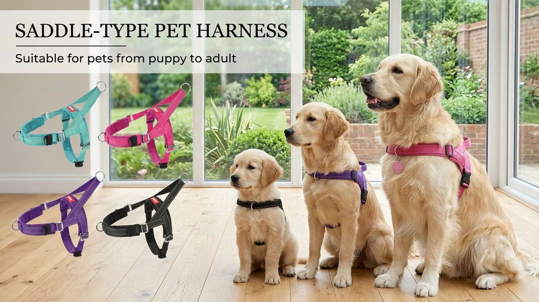 Saddle-type pet harness suitable for pets from puppy to adult, demonstrating how the adjustable dog harness grows with your Golden Retriever.