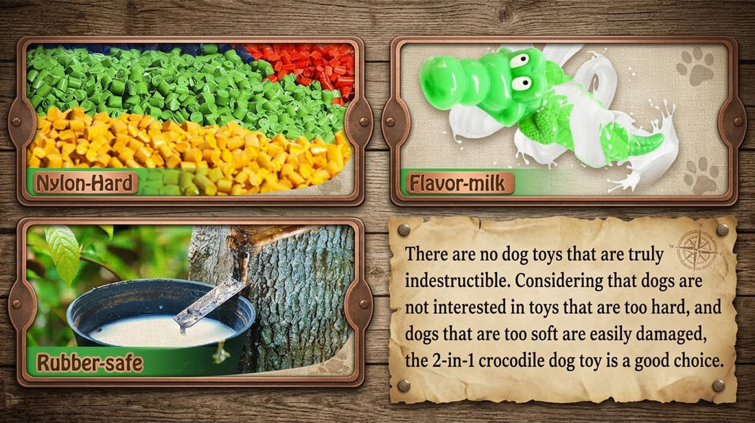 Safe 2-in-1 crocodile dog toy highlighting its hard nylon core, safe rubber exterior, and tasty milk flavor for balanced chewing.