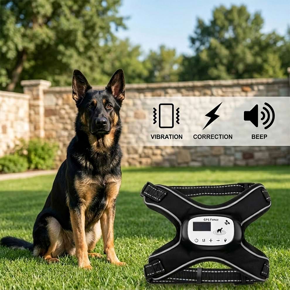 Safe dog behavior guidance system worn by a German Shepherd, featuring freely selectable vibration and beep modes for effective and humane training.