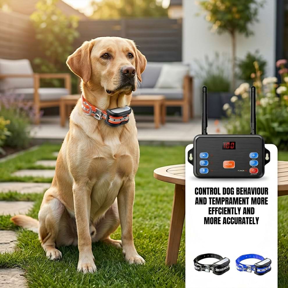 Safe dog temperament control collar worn by a calm Labrador sitting in a garden, designed to control dog behaviour efficiently and accurately.