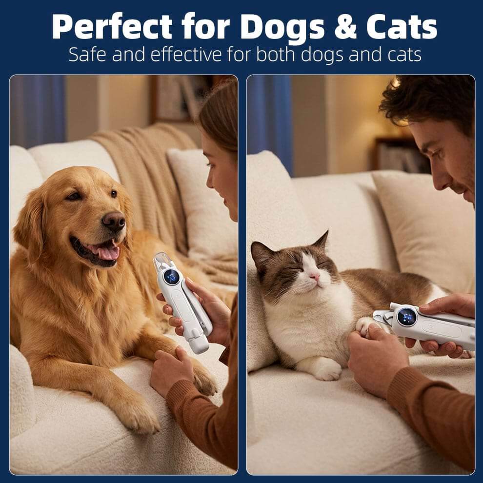Owners using the dog toe nail clippers and grinder on a relaxed Golden Retriever and a cat, showing the tool's versatility for all household pets.