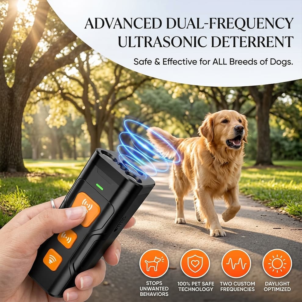 Safe dual-frequency dog deterrent emitting 100% pet-safe ultrasonic waves to stop unwanted behaviors effectively outdoors.
