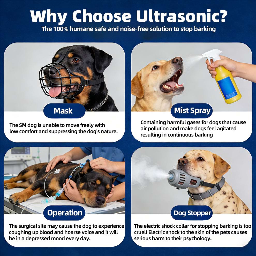 Why choose ultrasonic? A safe Sonic Bark Deterrent solution to Stop Dog Barking instantly, avoiding cruel methods like muzzles, sprays, or surgery.