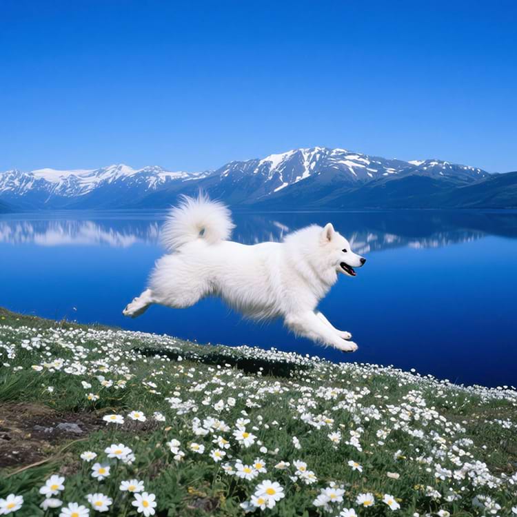 White Samoyed leaping joyfully near a blue alpine lake and mountains.