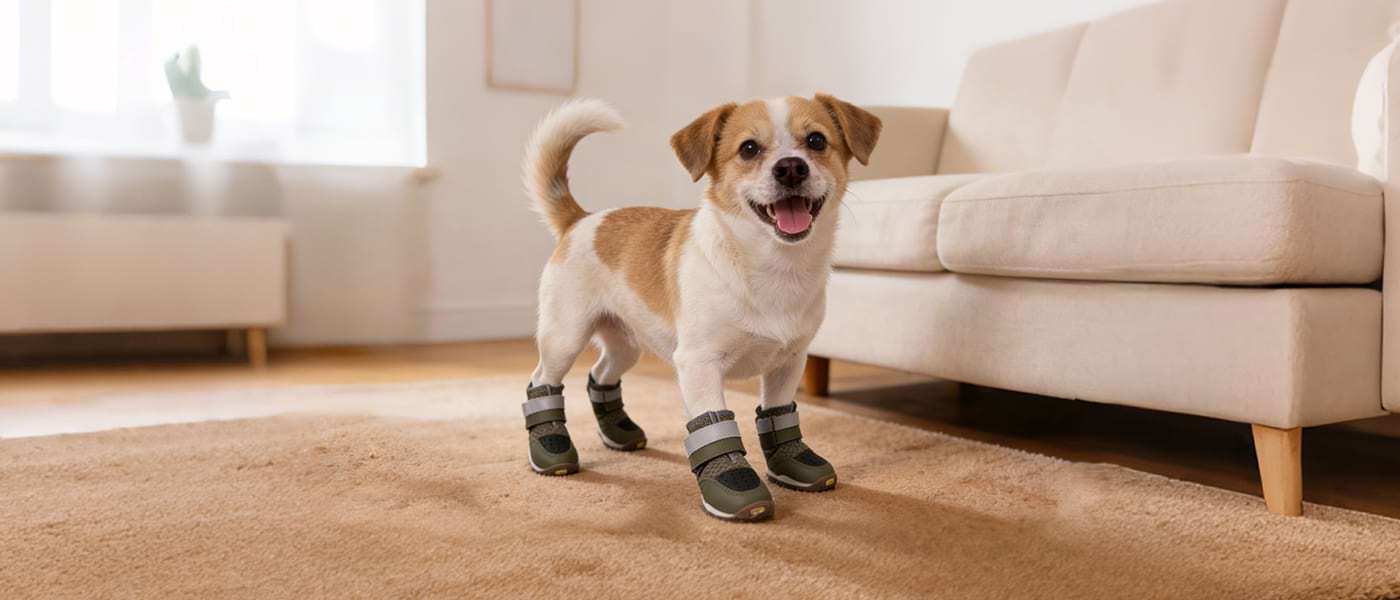 Small dog standing securely on a living room rug wearing Army Green Dog Booties, offering a snug fit that stays on during daily indoor activities.