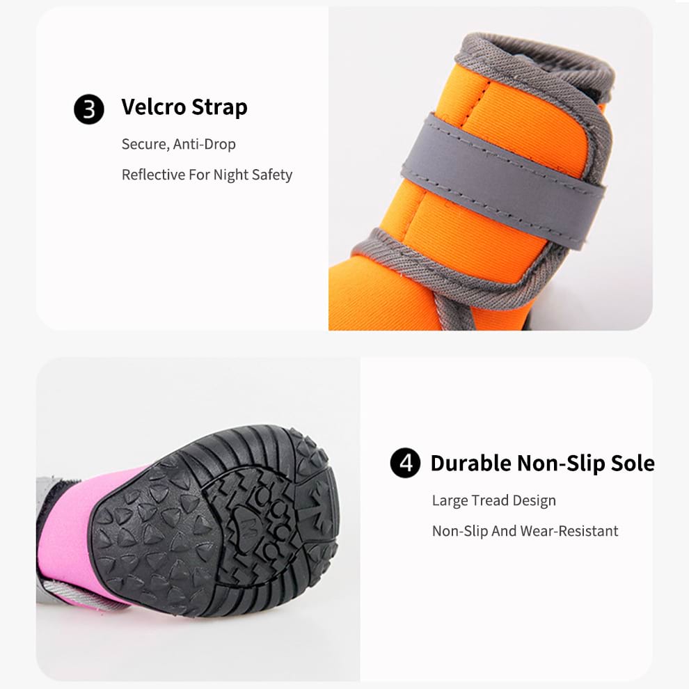 Secure fit dog boots featuring double velcro straps for night safety and a durable wear-resistant rubber outsole.