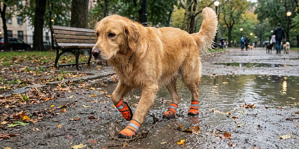 Golden Retriever walking through a deep muddy puddle wearing secure orange high-top dog boots.