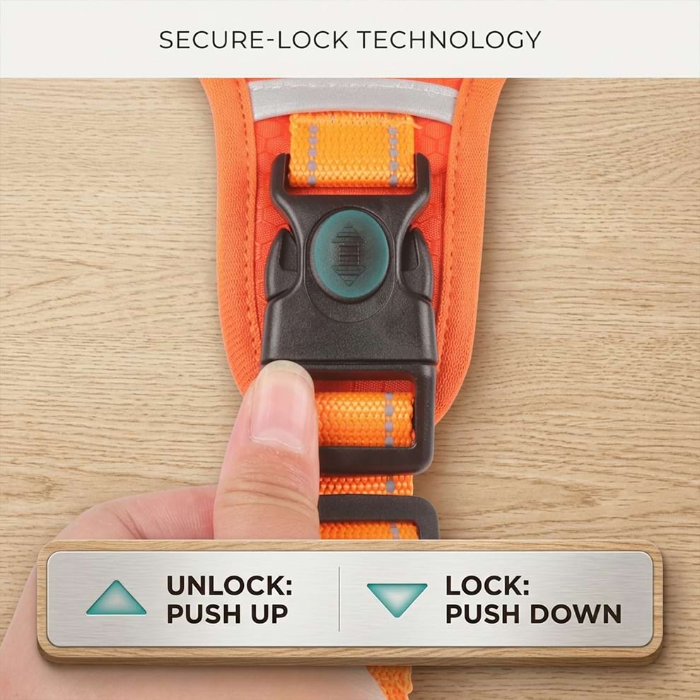 Secure-lock technology on the no pull dog harness, featuring an easy push-up to unlock and push-down to lock mechanism to prevent escape.