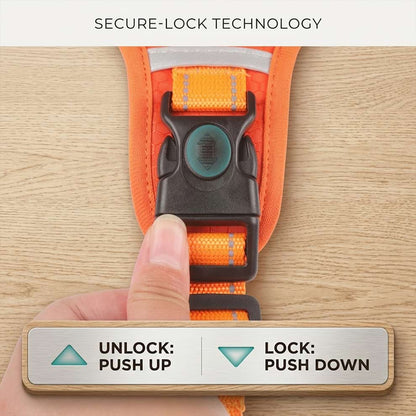 Secure-lock technology on the no pull dog harness, featuring an easy push-up to unlock and push-down to lock mechanism to prevent escape.
