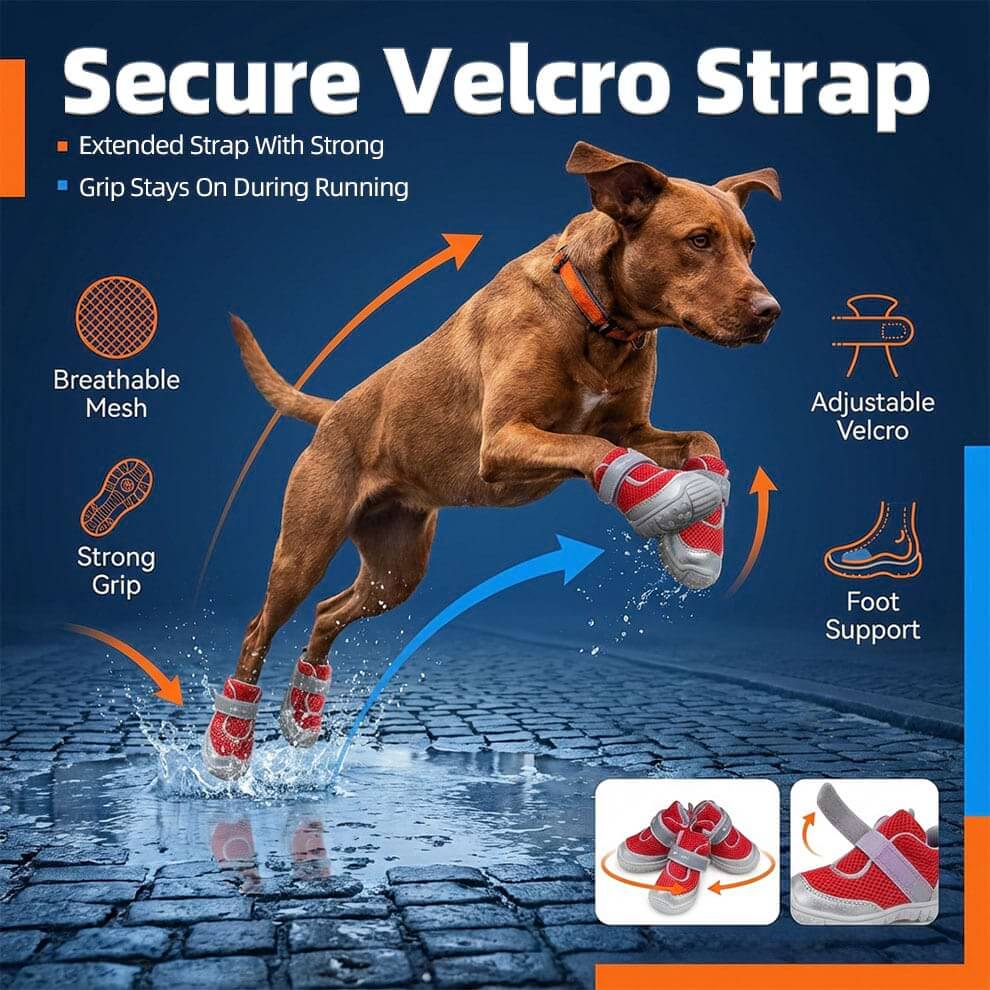 Detail of adjustable velcro strap ensuring Non-Slip Dog Shoes stay securely on paws.