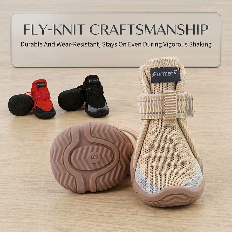 Secure velcro dog shoes utilizing fly-knit craftsmanship, ensuring they are wear-resistant and stay on securely even during vigorous shaking.