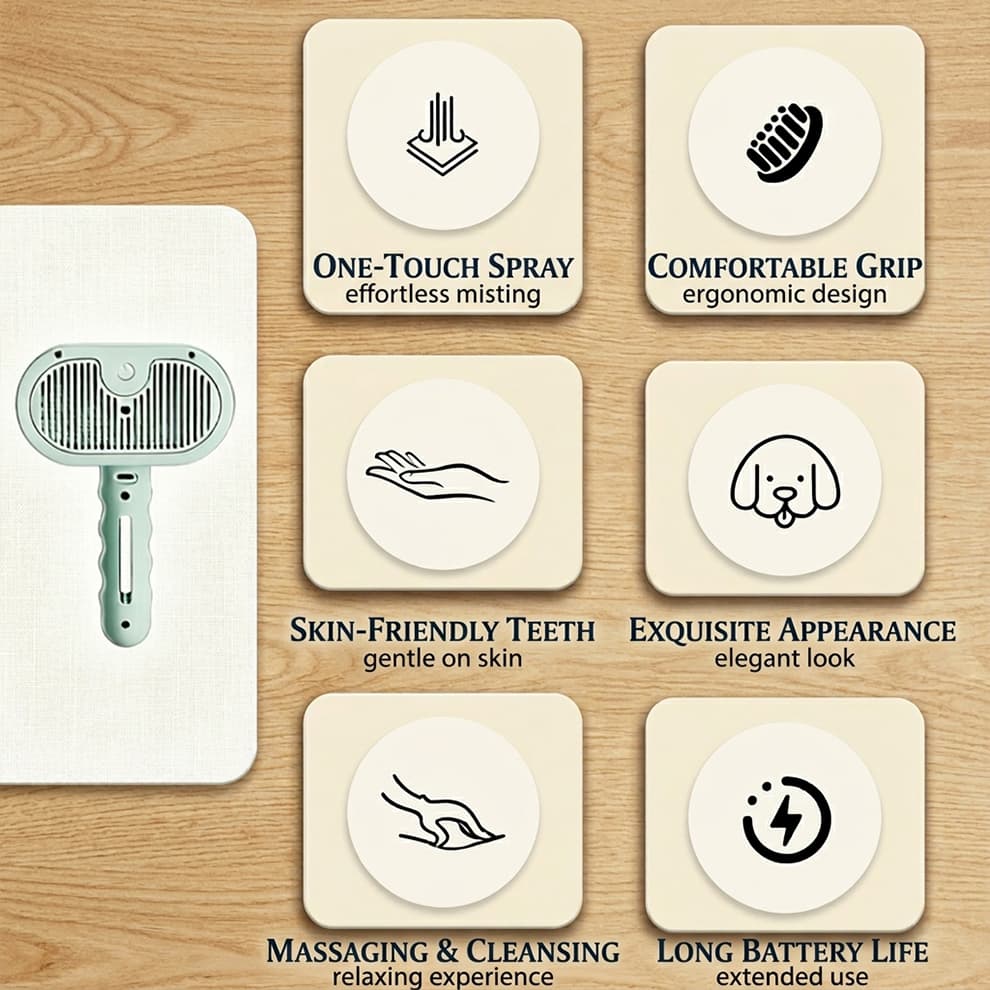 Key features of the self-cleaning pet steam brush, including one-touch spray, ergonomic grip, long battery life, and skin-friendly teeth.
