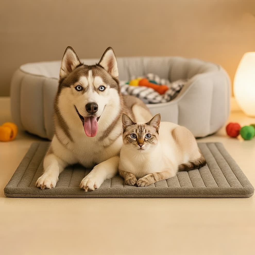 Self Warming Pet Mat in grey, showing a Husky and a cat resting together to demonstrate the spacious design and thermal comfort for multiple pets.