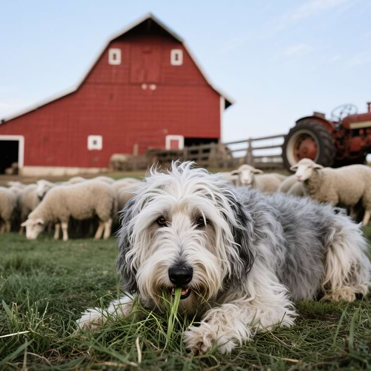 Fluffy sheepdog resting in a green farm pasture with sheep - Sovelivee.