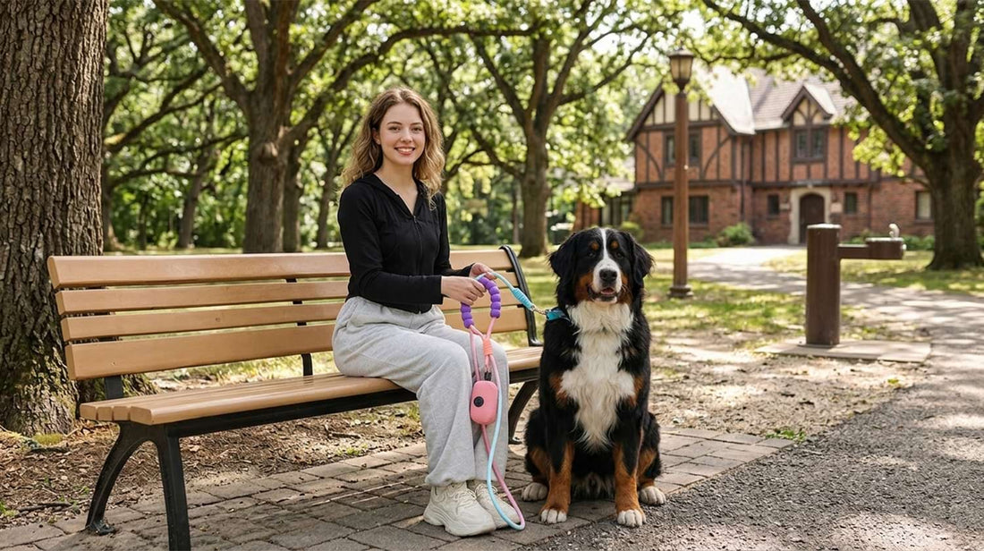 Shock-absorbing dog leash used by a pet owner resting on a park bench with her large Bernese Mountain Dog, ensuring safe control.