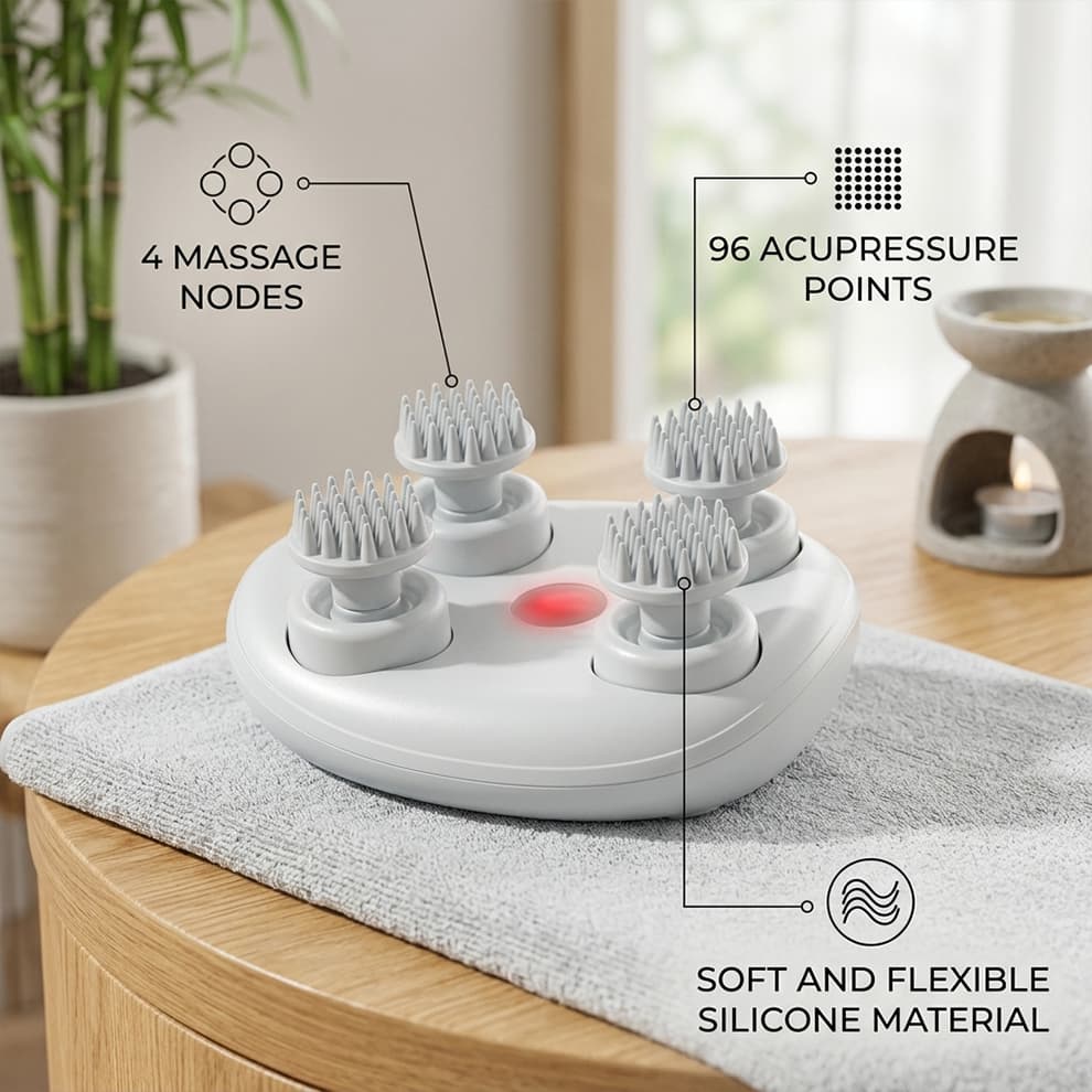Silicone node cat massager highlighting 4 massage heads and 96 acupressure points for ultimate flexibility and comfort.