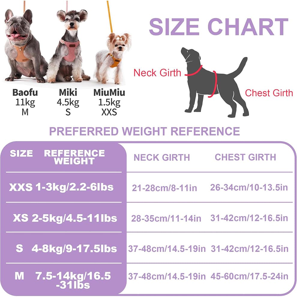 Puppy harness and leash size chart with chest girth and neck girth reference