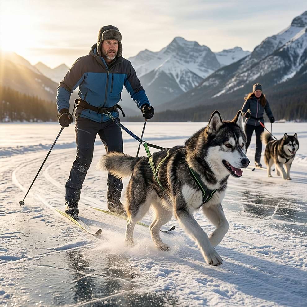 Skijoring dog harness on a Husky pulling a skier across a frozen lake, designed to withstand strong tension in extreme winter sports.