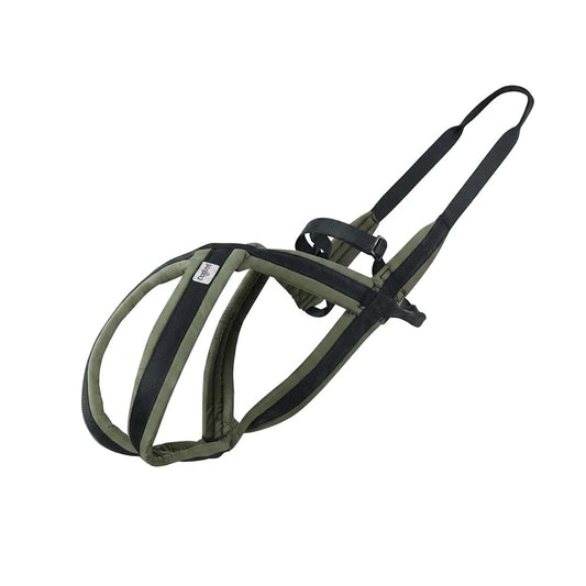 Sled Dog Harness in olive green, featuring a professional weight pulling design with soft comfort padding for intense outdoor activities.