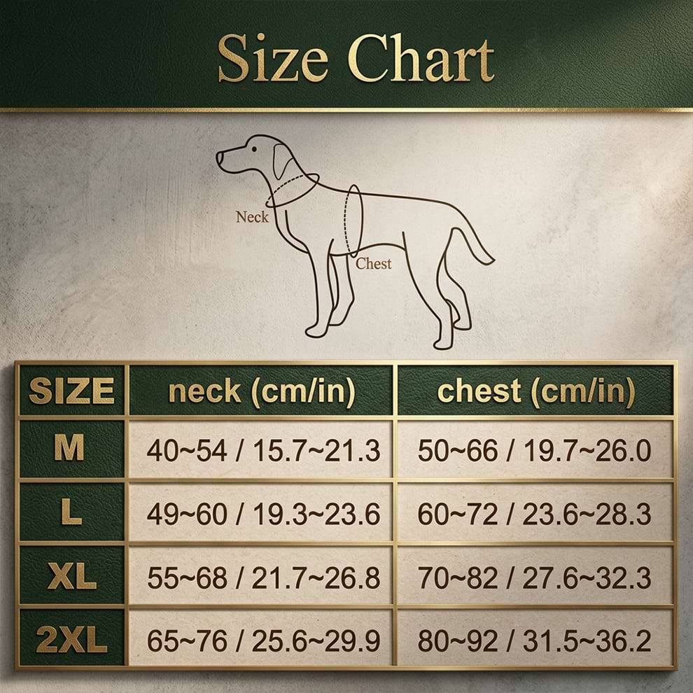 Size chart for the sled dog harness, providing accurate neck and chest measurements from M to 2XL for medium to large working breeds.