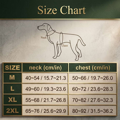 Size chart for the sled dog harness, providing accurate neck and chest measurements from M to 2XL for medium to large working breeds.