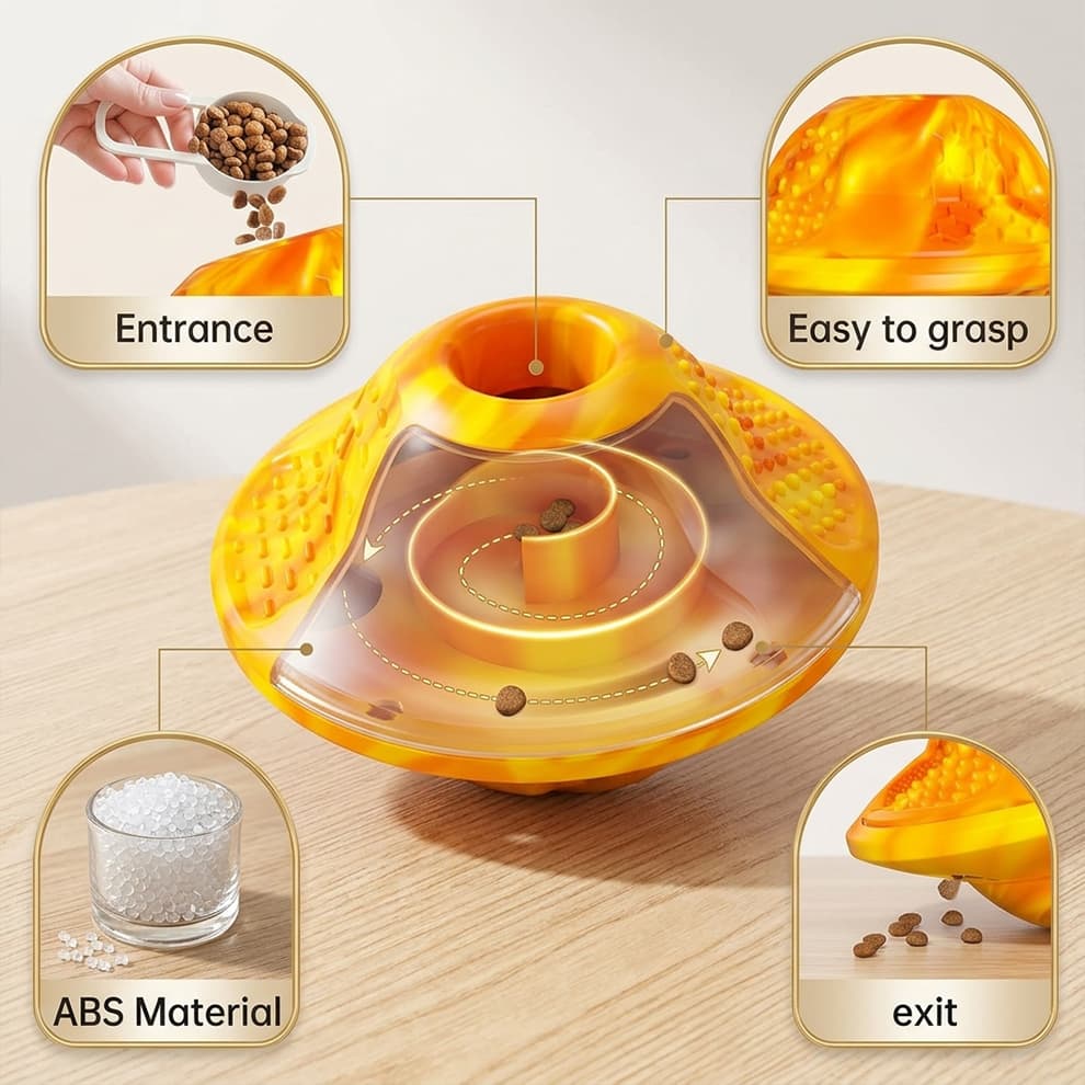 Slow feeder dog toy featuring a complex internal puzzle maze, an easy-to-grasp exterior, and safe ABS material for healthy feeding.