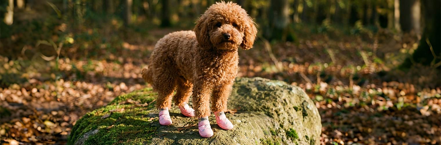 Dog boots for large dogs and small breeds alike, shown here on a Poodle climbing a mossy rock to demonstrate superior grip and traction.