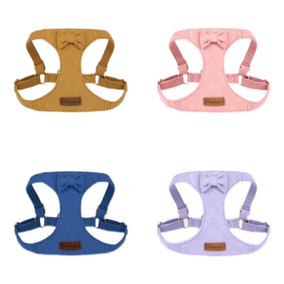 Small dog harness and leash in four color options – pink, blue, purple, and yellow