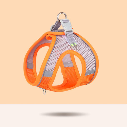 Small dog harness in orange mesh with reflective strips and adjustable buckle