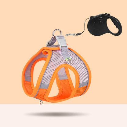 Orange small dog harness with breathable mesh design and 5m automatic retractable leash