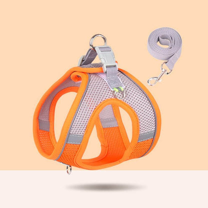 Orange small dog harness with reflective strips and 1.5m flat walking leash