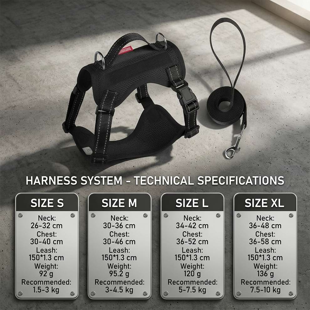 Technical specifications and size chart for the harness system, ranging from Size S to XL to perfectly fit small to medium dog breeds.