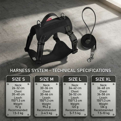 Technical specifications and size chart for the harness system, ranging from Size S to XL to perfectly fit small to medium dog breeds.