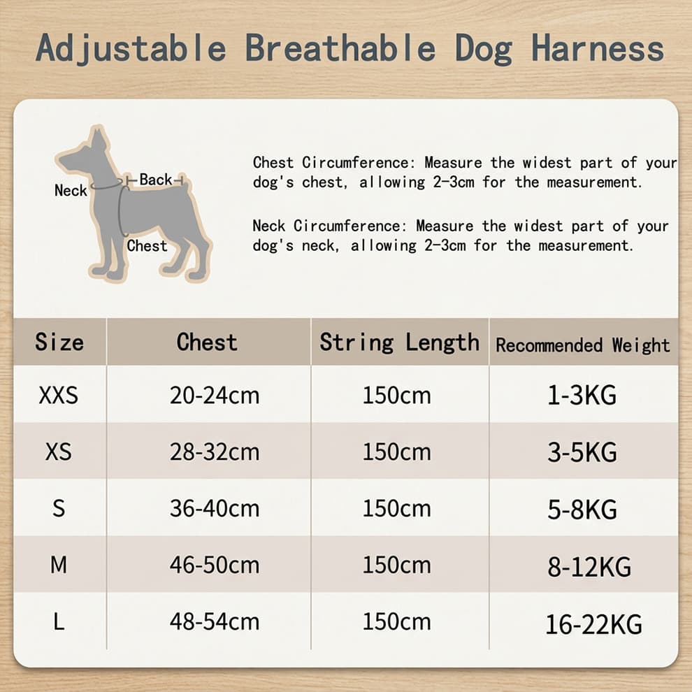 Size chart for the adjustable breathable dog harness, guiding owners to measure chest and neck for breeds weighing 1 to 22 kg.