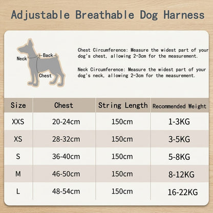 Size chart for the adjustable breathable dog harness, guiding owners to measure chest and neck for breeds weighing 1 to 22 kg.