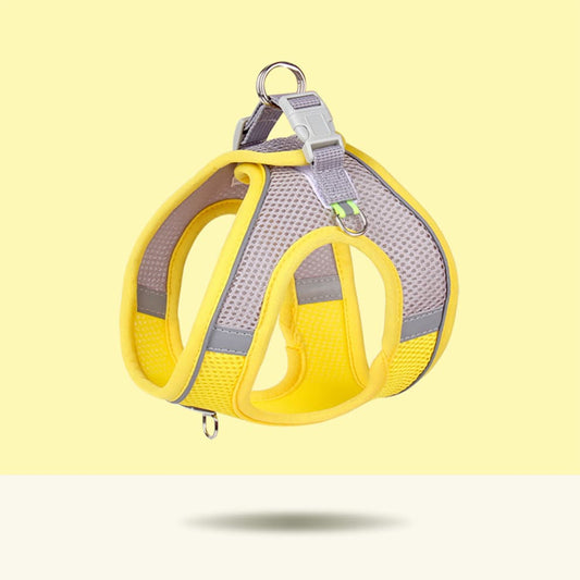 Small dog harness in yellow mesh with breathable fabric and reflective safety design