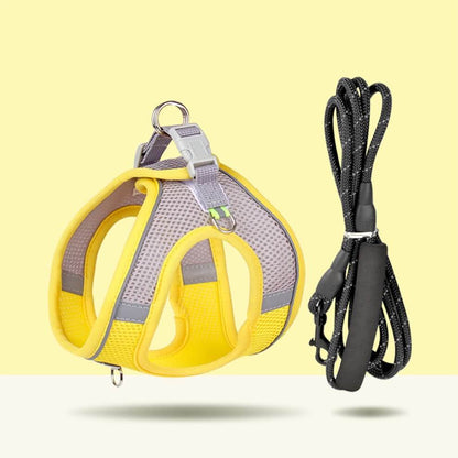 Yellow small dog harness with secure buckle and reflective round rope leash, 2m or 3m option