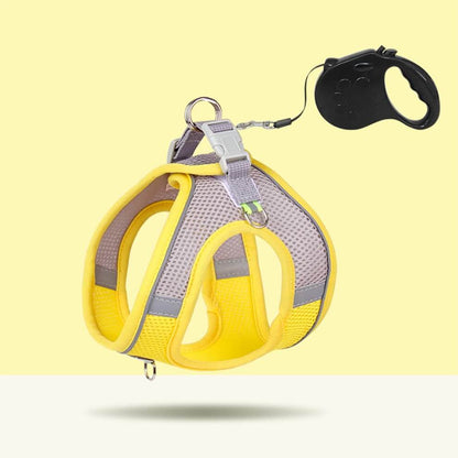 Yellow small dog harness featuring secure buckle and 5m retractable walking leash