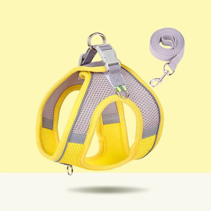 Yellow small dog harness in breathable mesh with secure buckle and flat leash