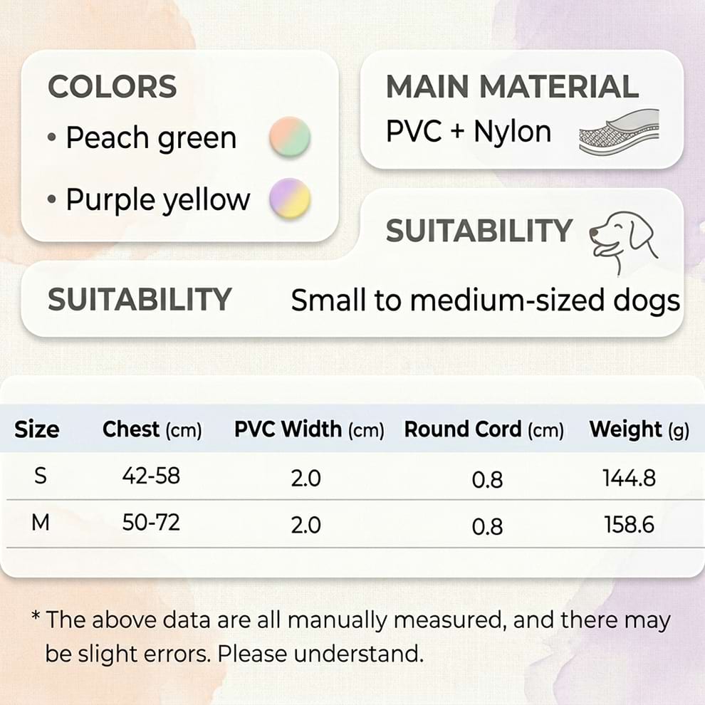 Size chart and material specifications for the small to medium dog harness, available in peach green and purple yellow PVC and nylon blends.