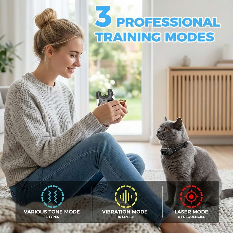Smart cat toys and training collars for cats featuring three professional modes: tone, vibration, and an automatic laser cat toy function.