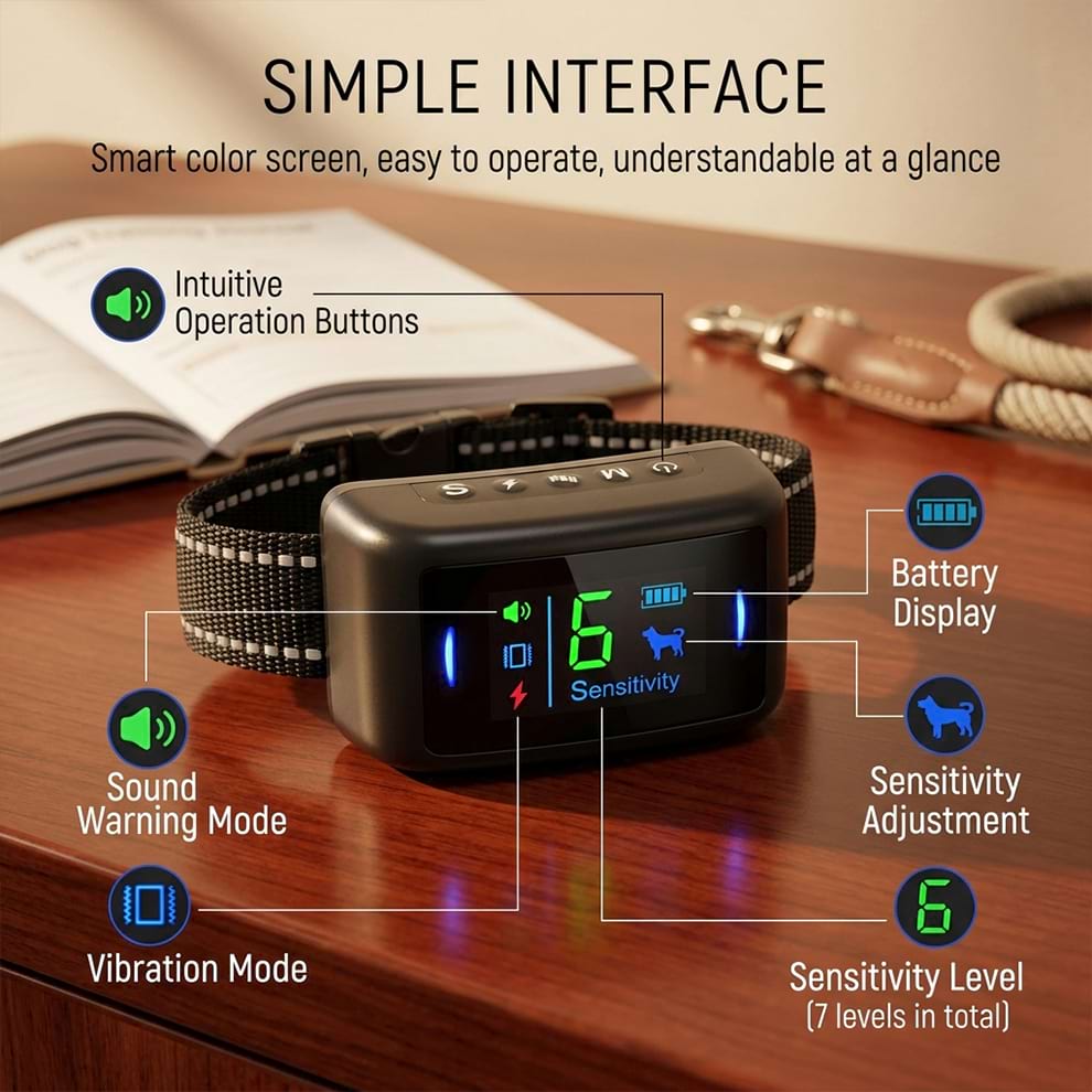 Simple interface of the smart color screen bark stopper, displaying intuitive operation buttons for sound warning, vibration mode, and 7 sensitivity levels.