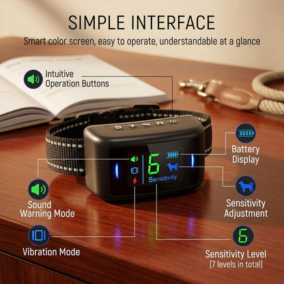 Simple interface of the smart color screen bark stopper, displaying intuitive operation buttons for sound warning, vibration mode, and 7 sensitivity levels.