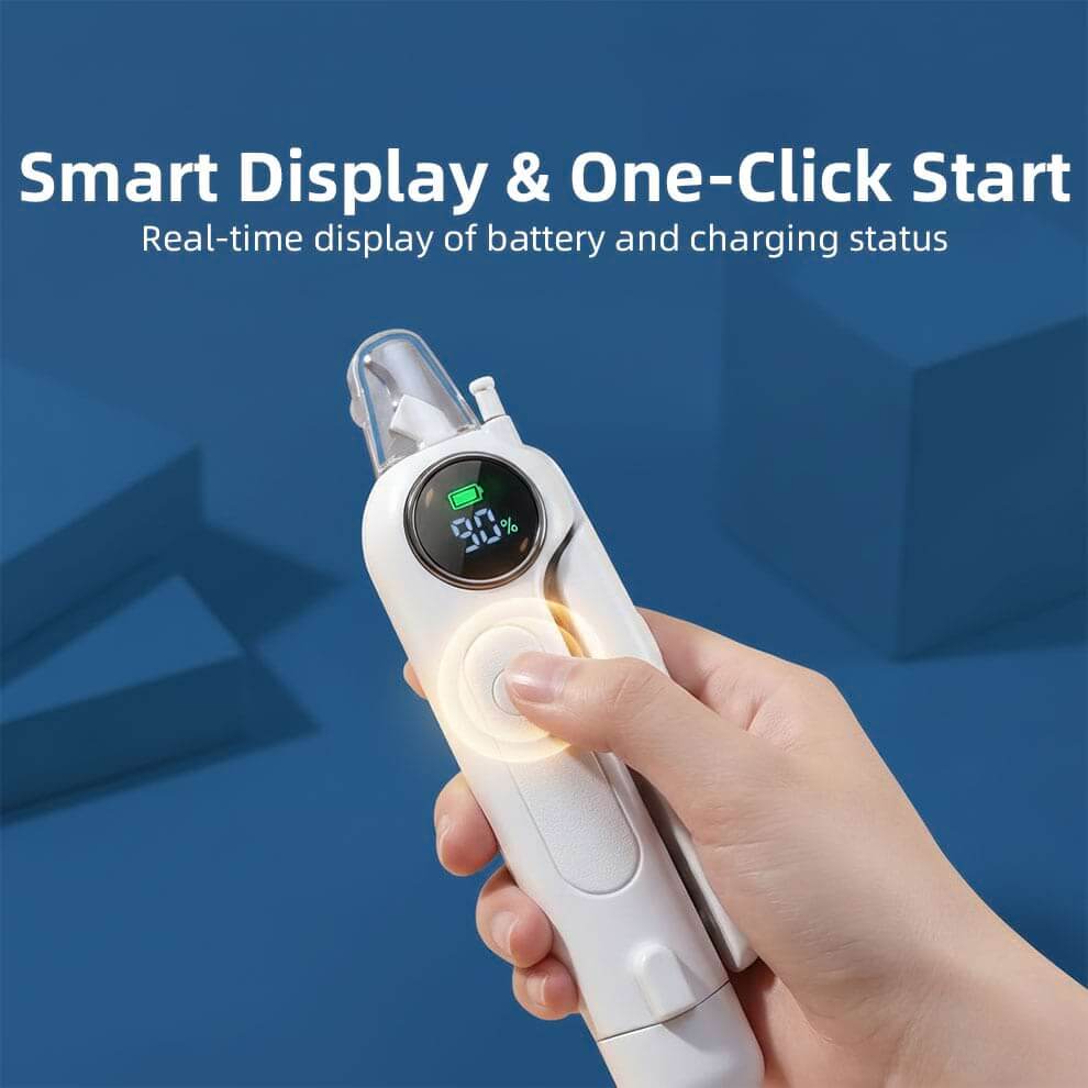 Close-up of the digital smart display on the dog toe nail clippers, showing real-time battery percentage and one-click start status.