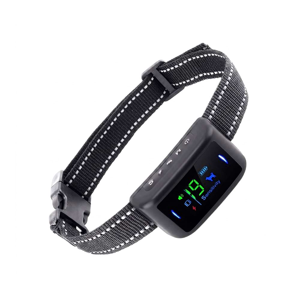 Smart Dog Bark Control Collar featuring a sleek receiver with a digital display showing sensitivity levels for effective and safe training.