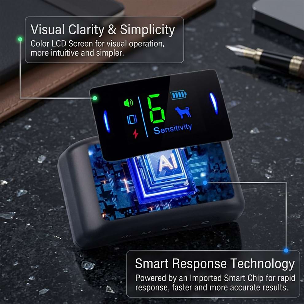 Smart response technology powered by an imported AI chip inside the bark control collar, ensuring rapid response and visual clarity on the LCD screen.