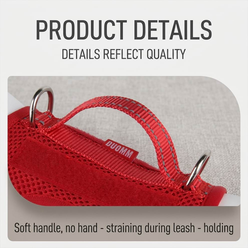 Product details of the small dog harness showing the soft grip handle, specifically designed to prevent hand straining during leash holding.